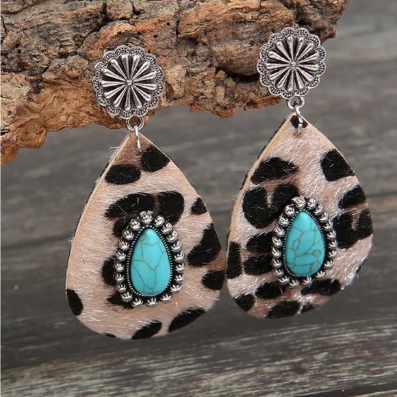 Tear Drop Leopard Print Turquoise Earrings - Picture 2 of 4